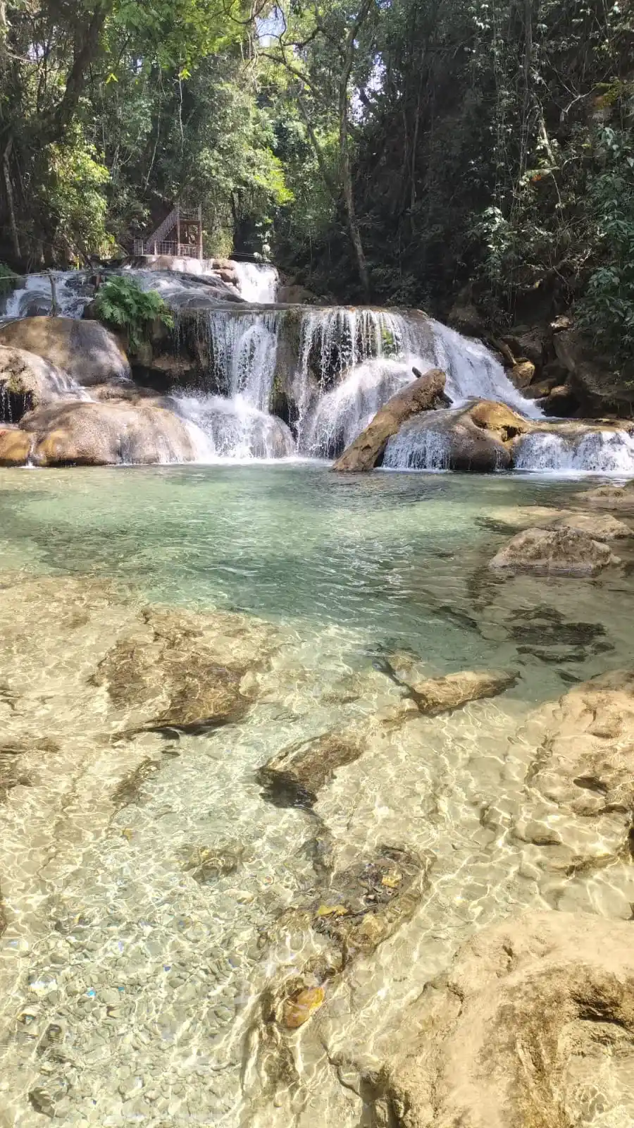 Pozas de agua turquesa entre rocas al pie de una cascada en la sierra de Oaxaca