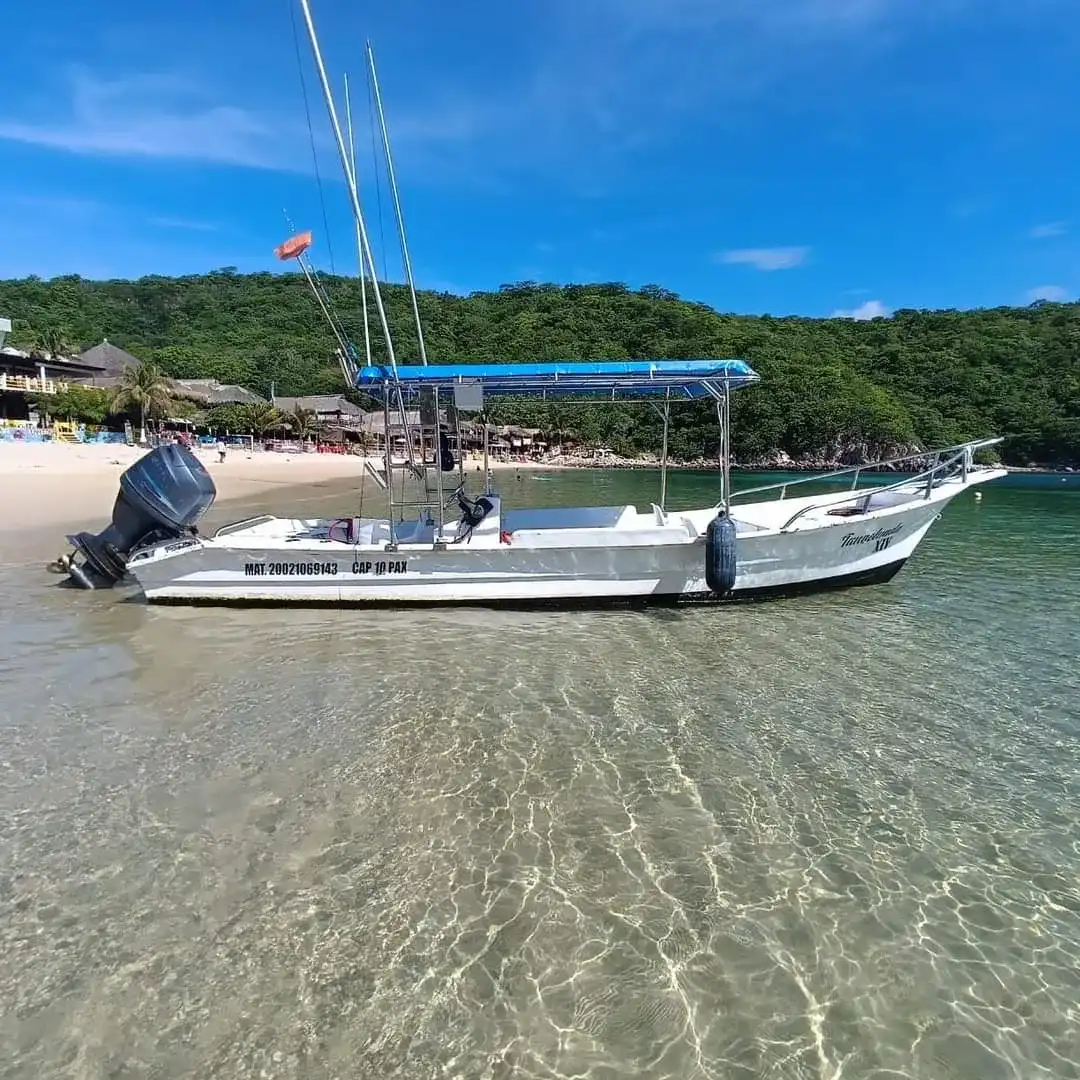 Lancha con toldo azul junto a la orilla de una playa de arena clara